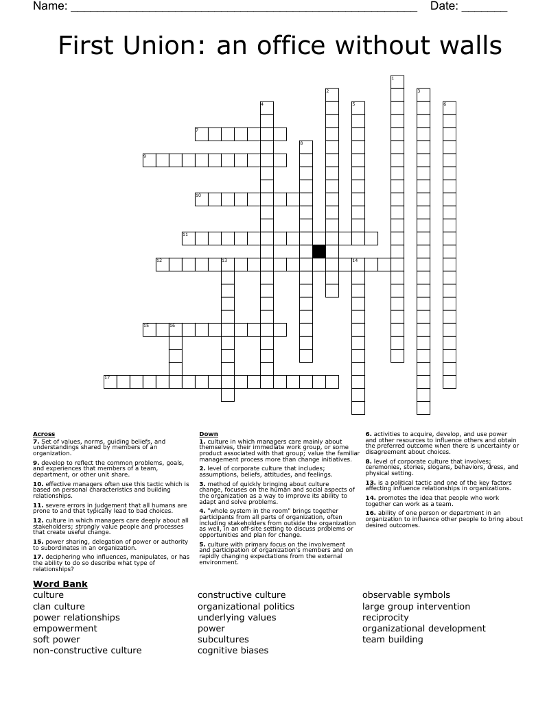 First Union: an office without walls Crossword