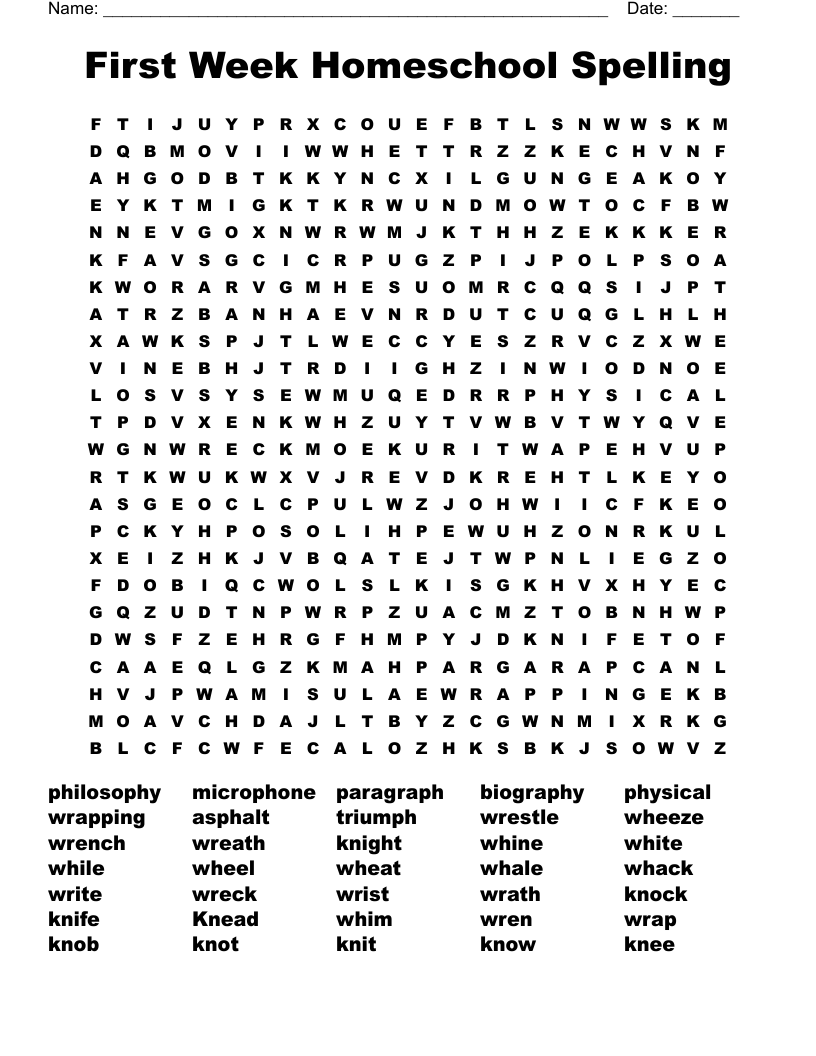 First Week Homeschool Spelling Word Search