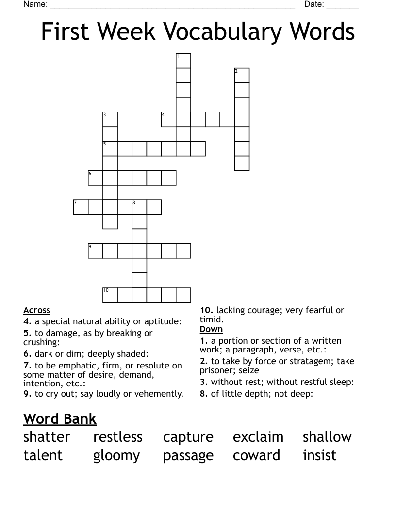 First Week Vocabulary Words Crossword