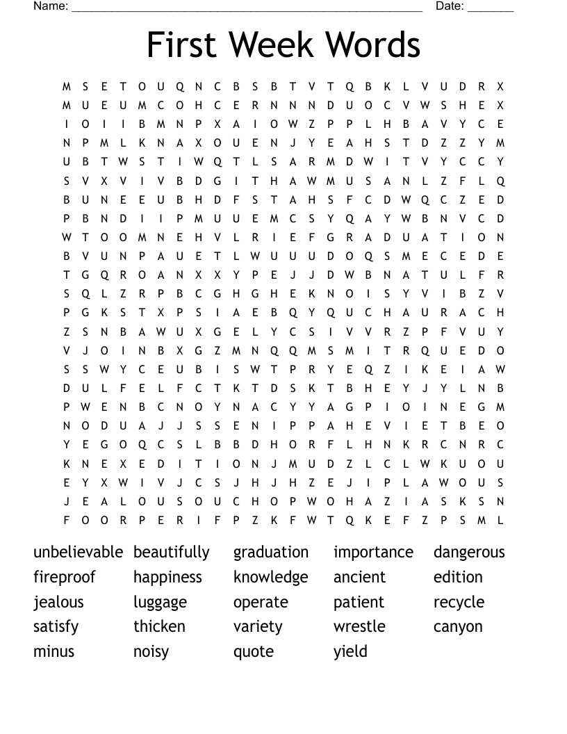 First Week Words Word Search