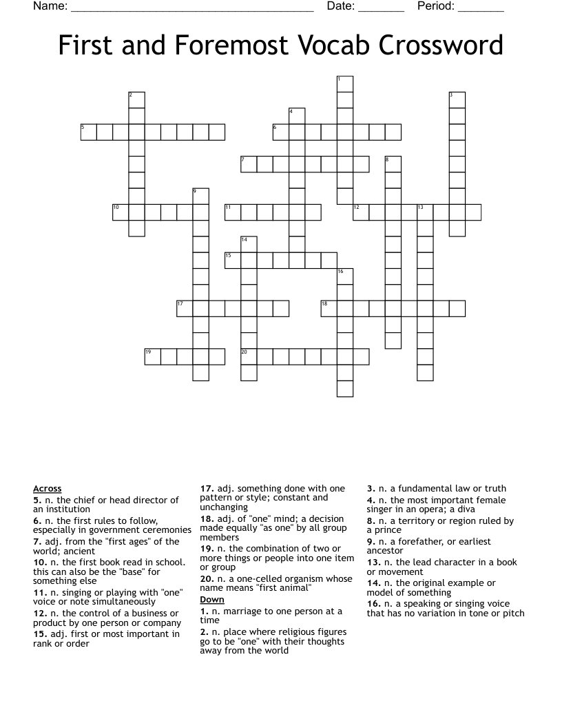 First and Foremost Vocab Crossword