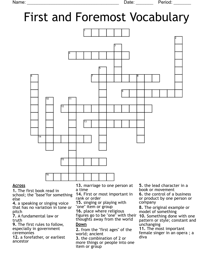 First and Foremost Vocabulary  Crossword