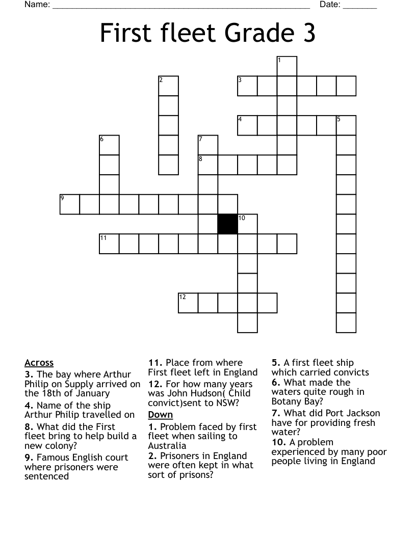 First fleet Grade 3 Crossword