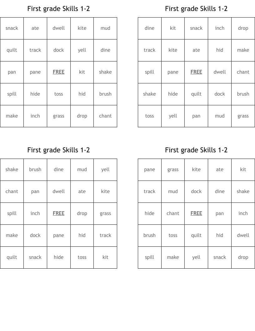 First grade Skills 1-2  Bingo Cards