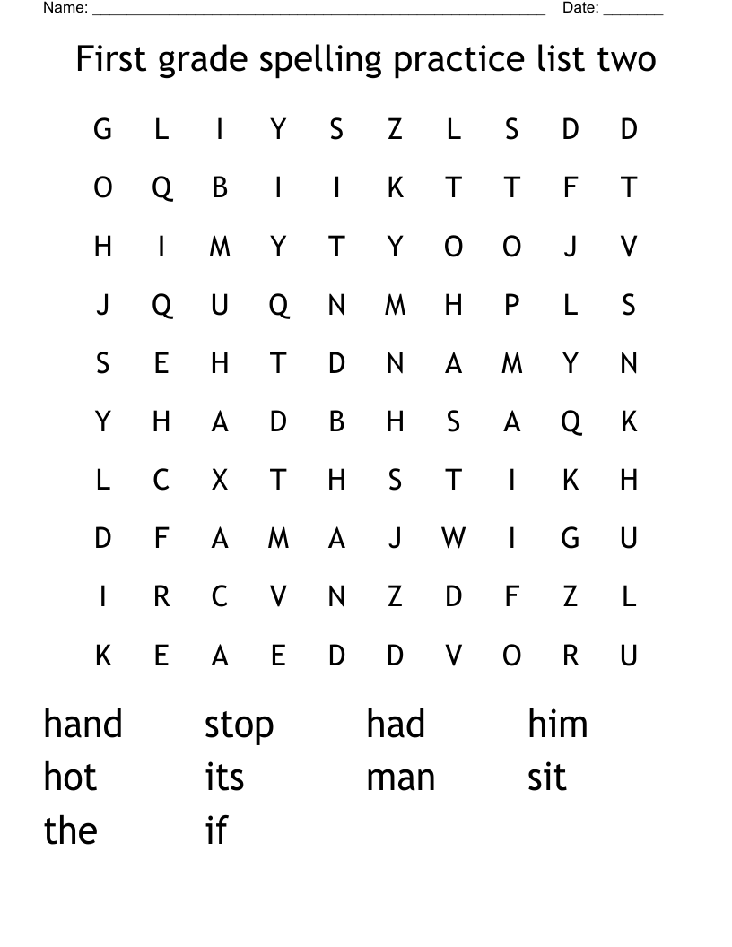 First grade spelling practice list two Word Search