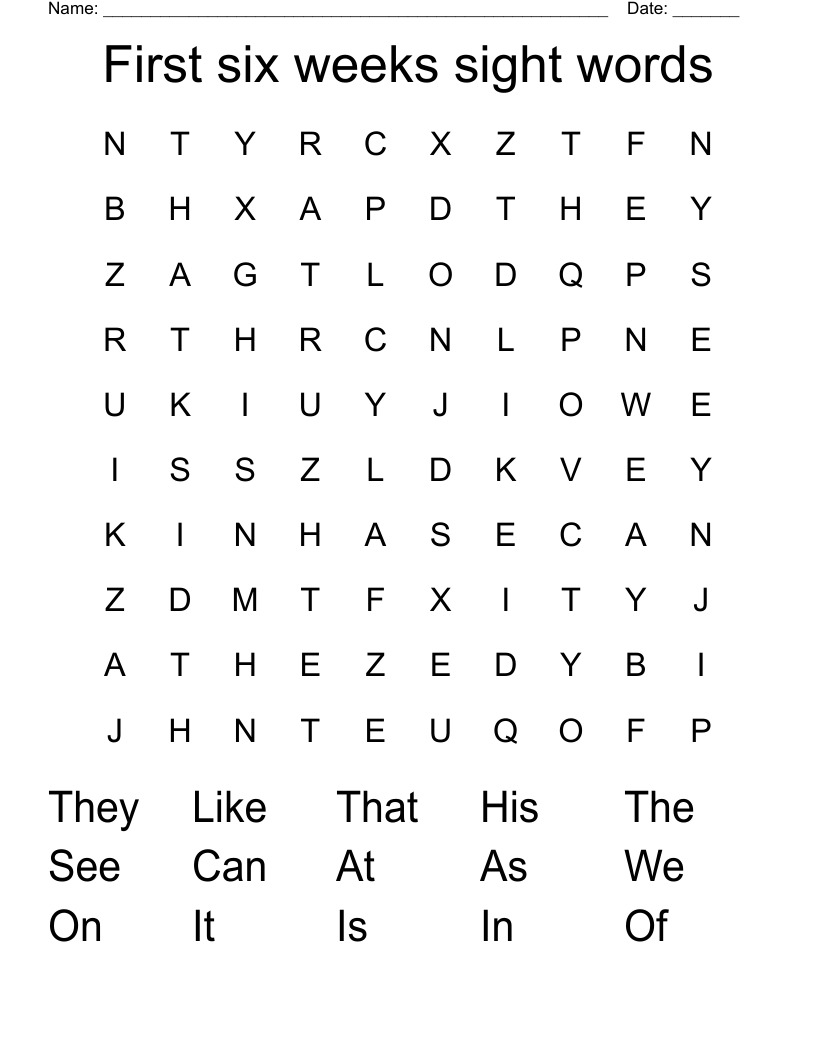 First six weeks sight words Word Search
