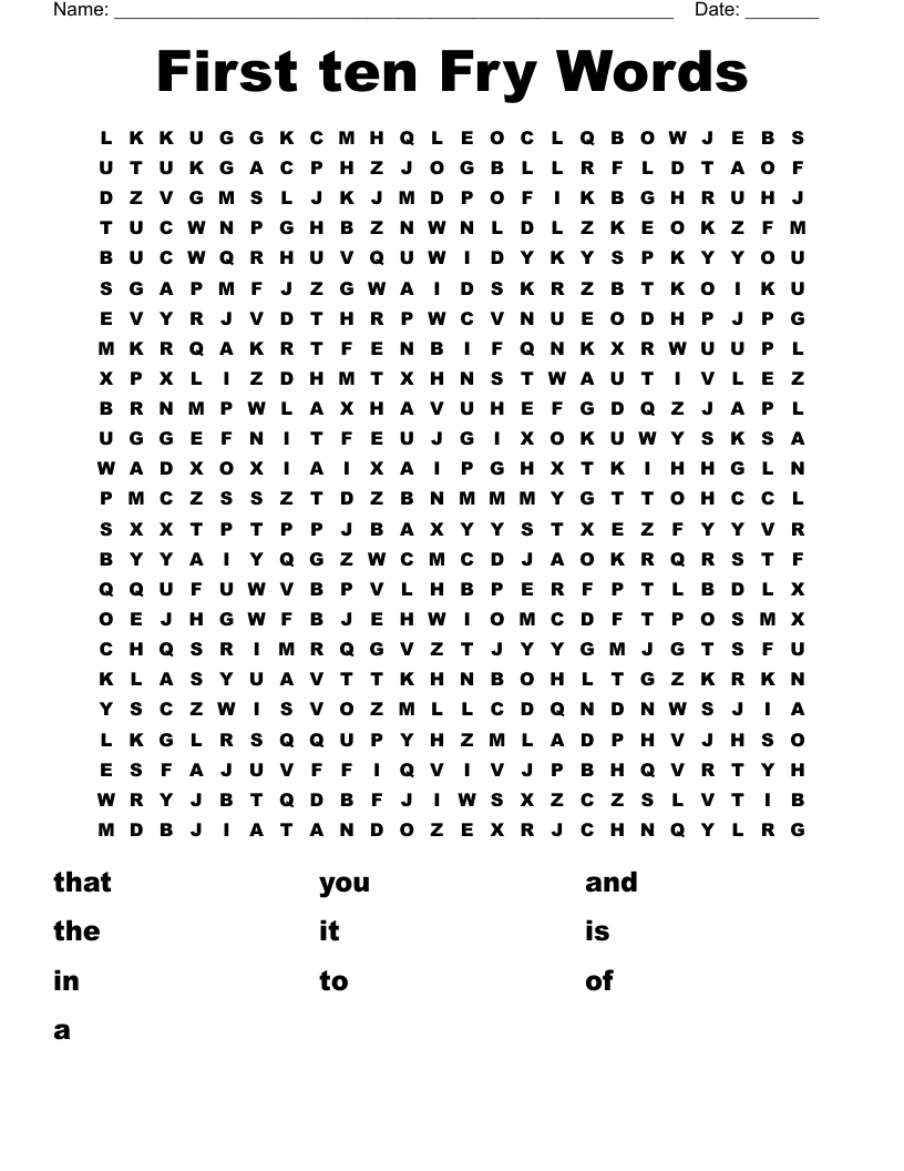 First ten Fry Words Word Search