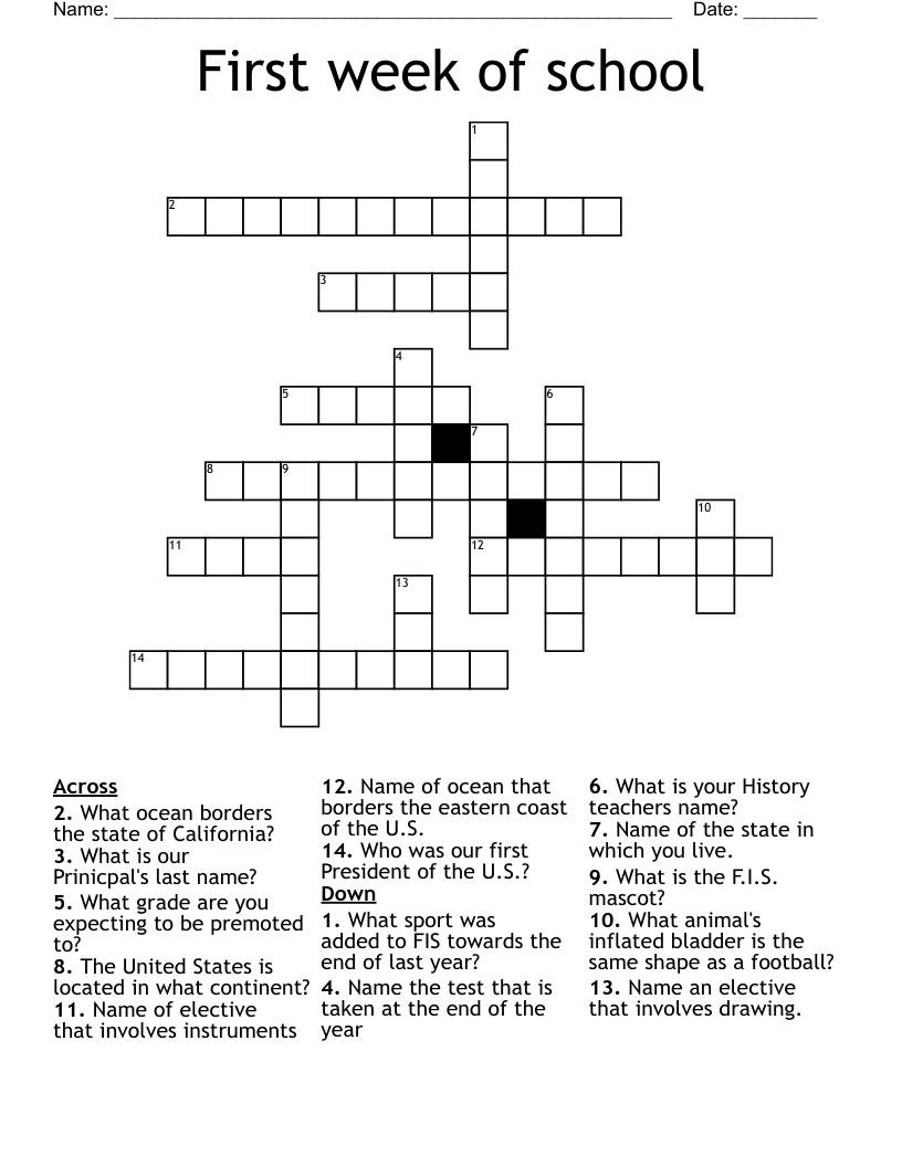 First week of school Crossword