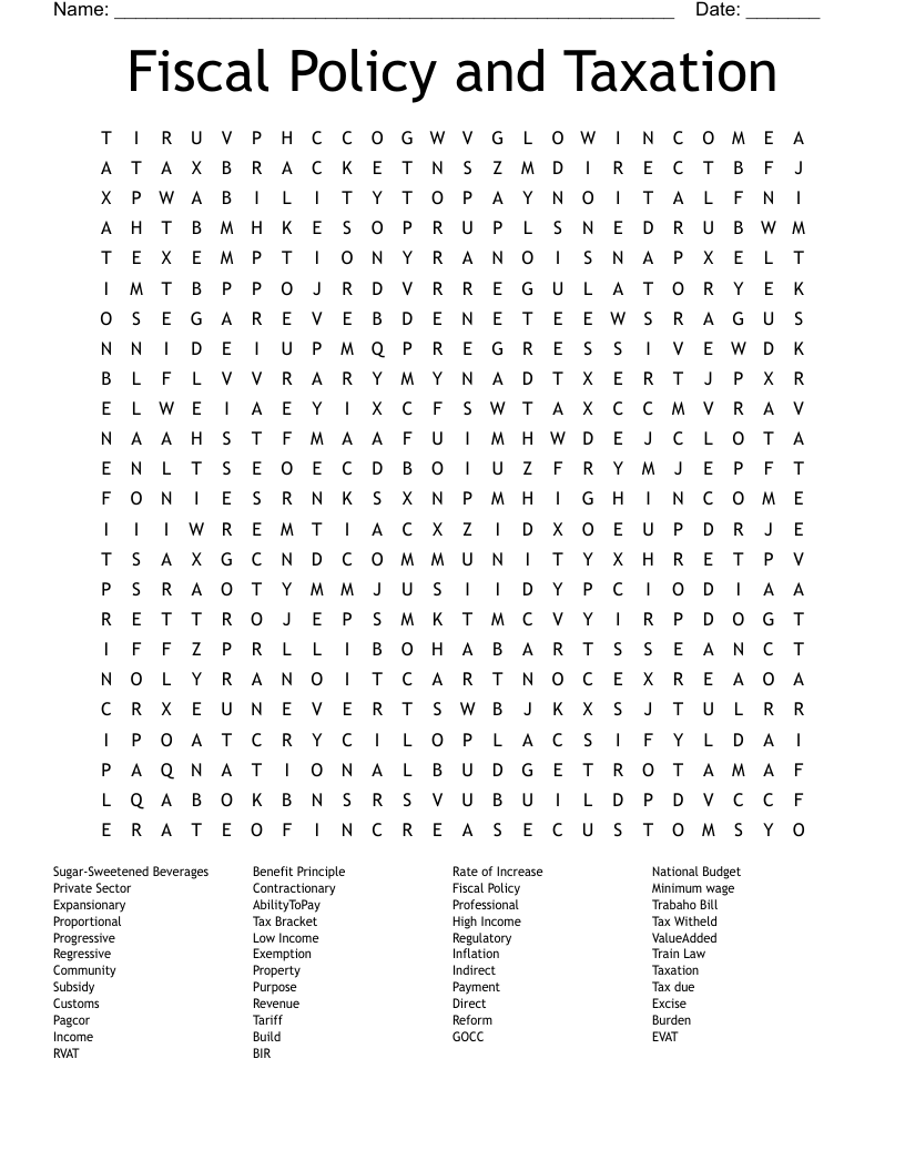 Fiscal Policy and Taxation Word Search