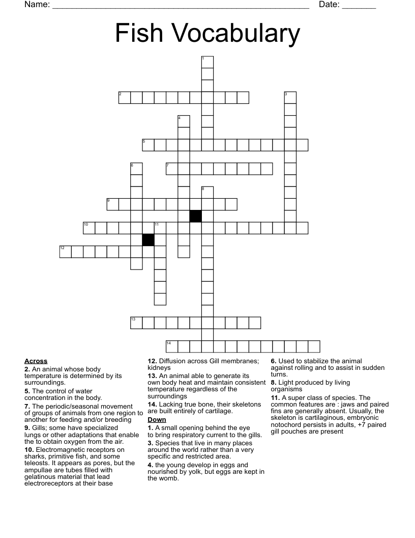 Fish Vocabulary  Crossword