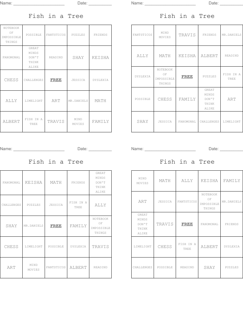 Fish in a Tree Bingo Cards