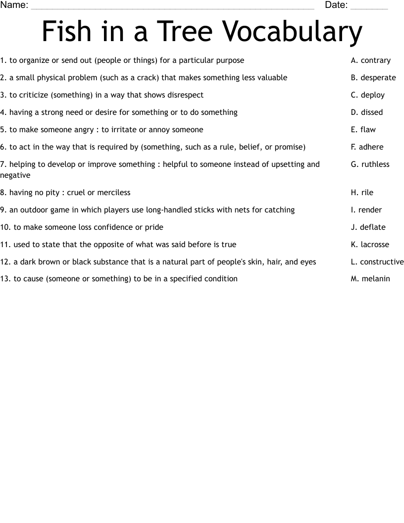 Fish in a Tree Vocabulary Worksheet