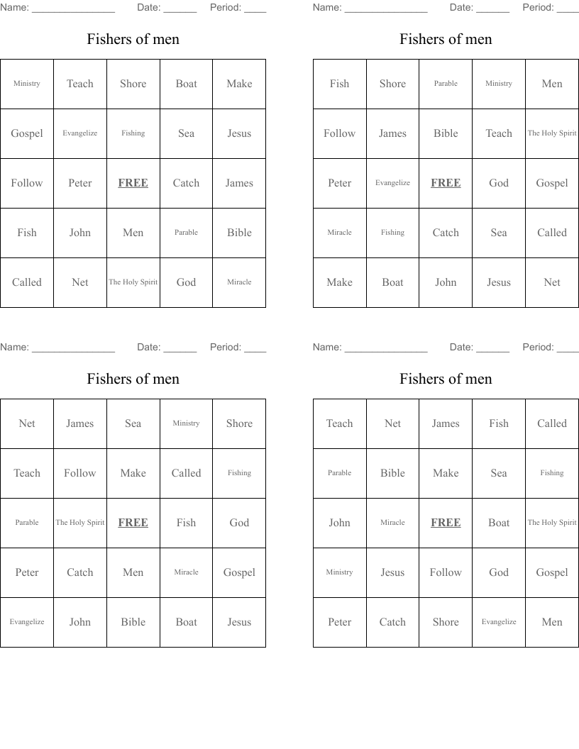 Fishers of men Bingo Cards