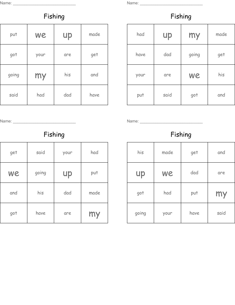 Fishing Bingo Cards