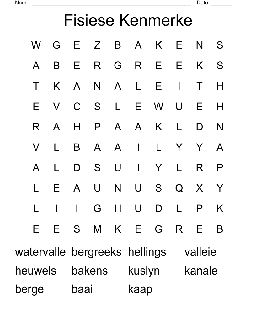 Fisiese Kenmerke Word Search