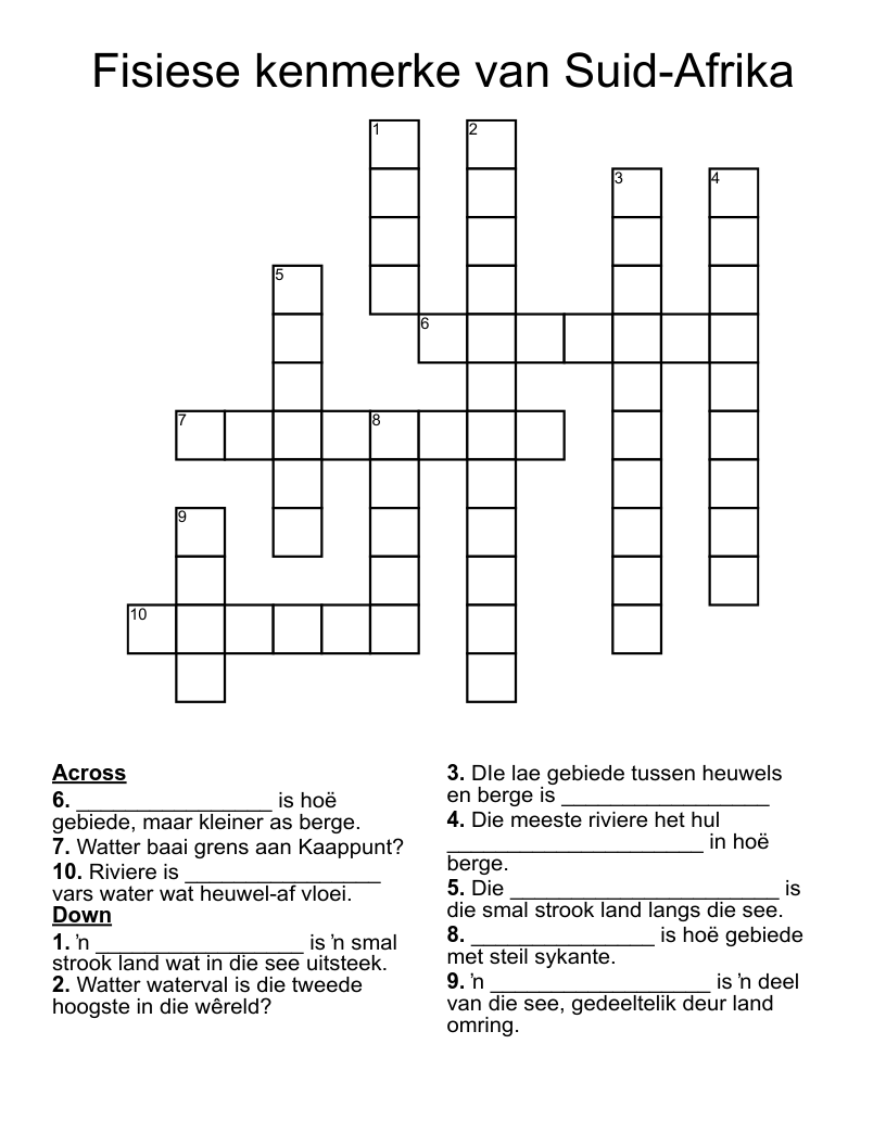 Fisiese kenmerke van Suid-Afrika Crossword