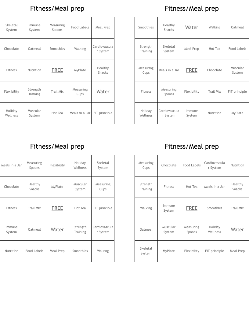 Fitness/Meal prep Bingo Cards