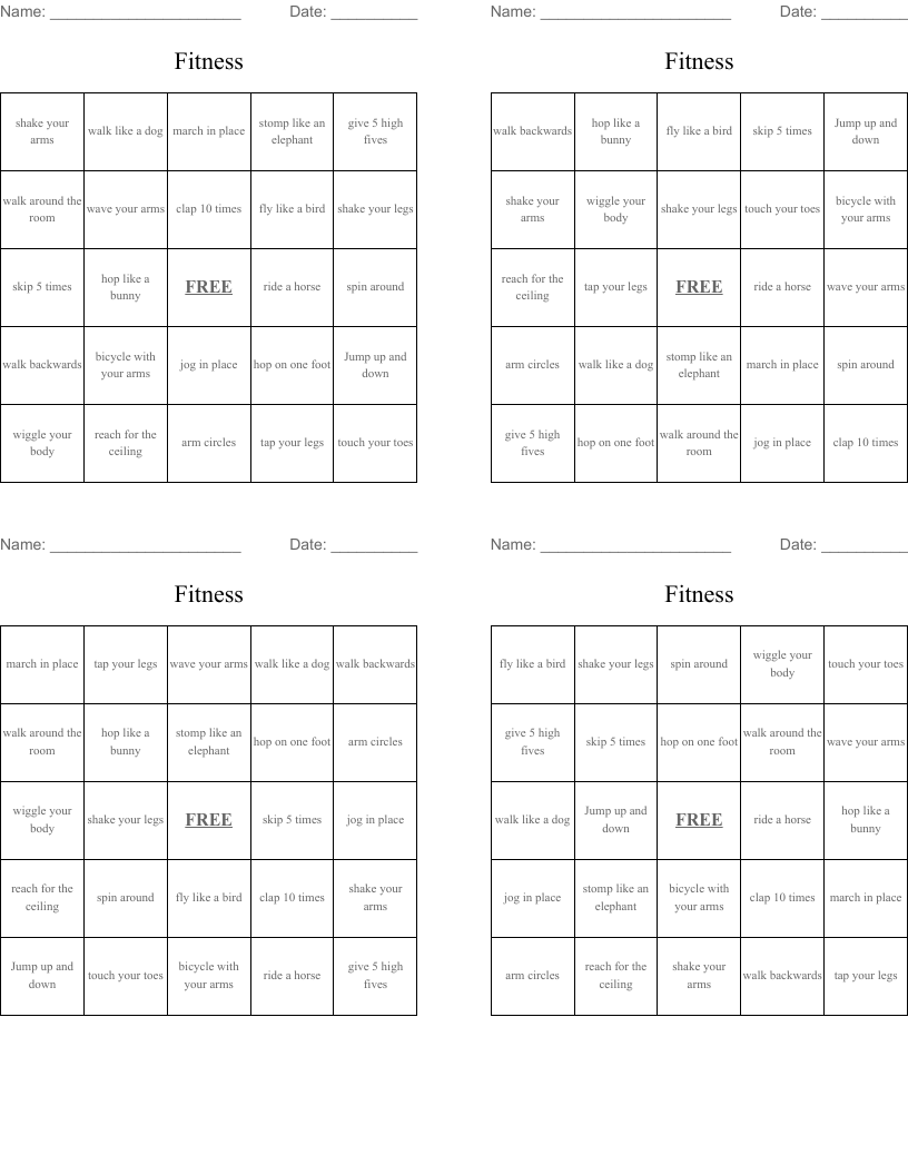Fitness Bingo Cards