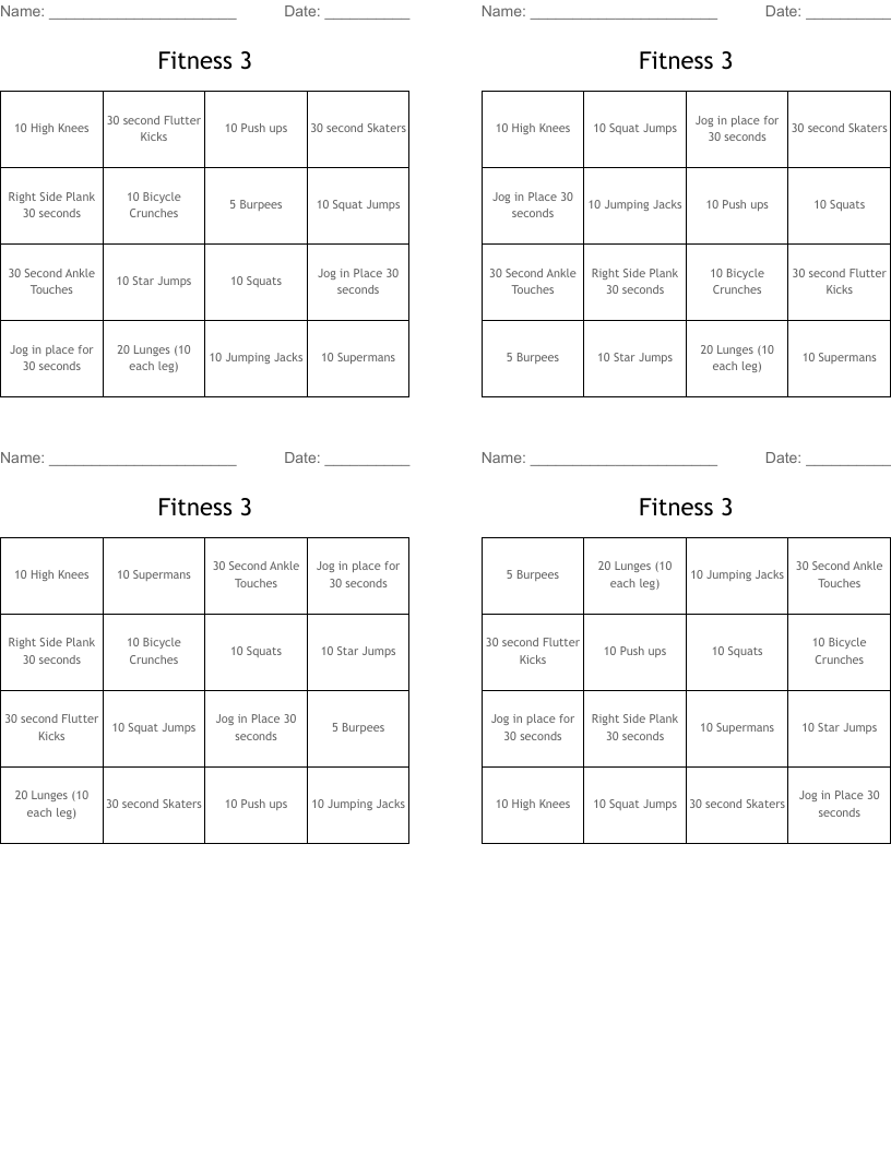 Fitness 3 Bingo Cards
