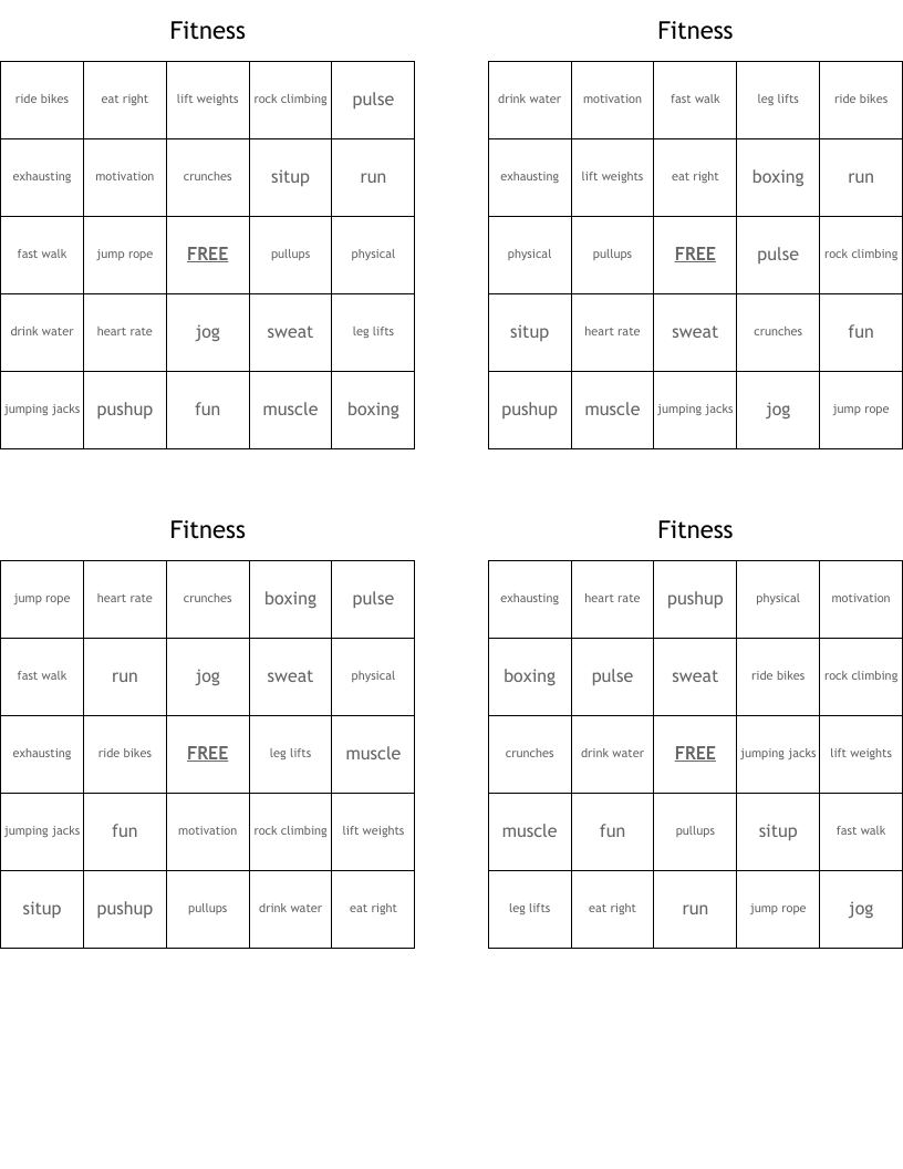Fitness Bingo Cards