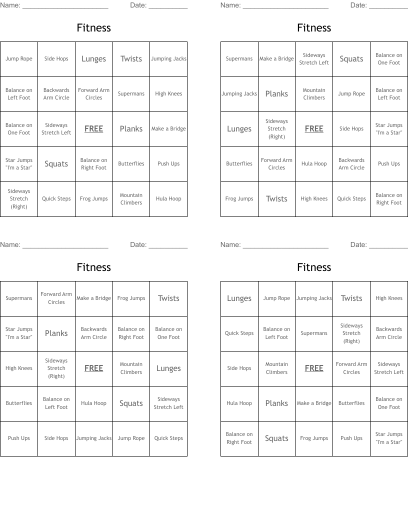 Fitness Bingo Cards
