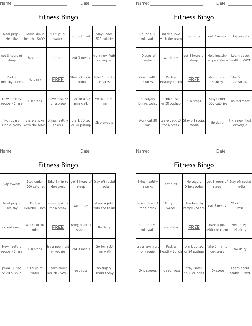 Fitness Bingo