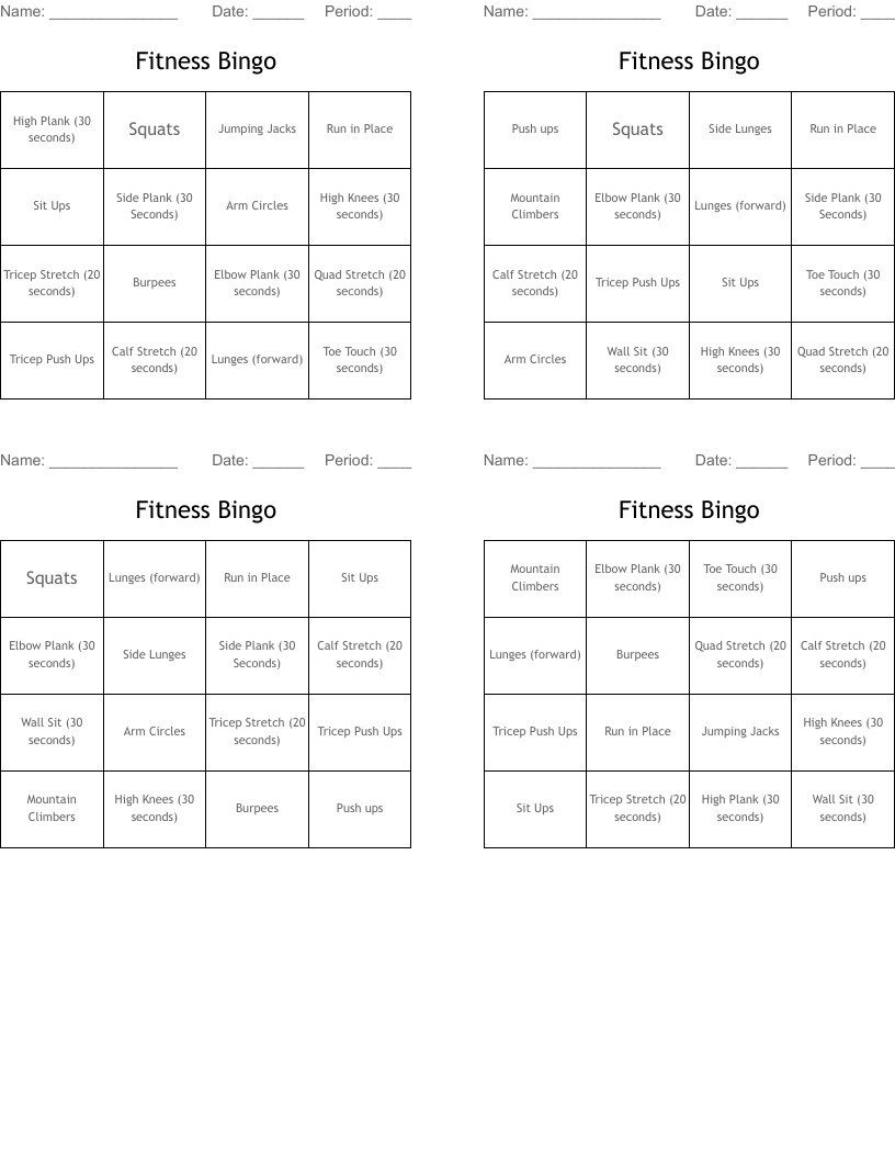 Fitness Bingo