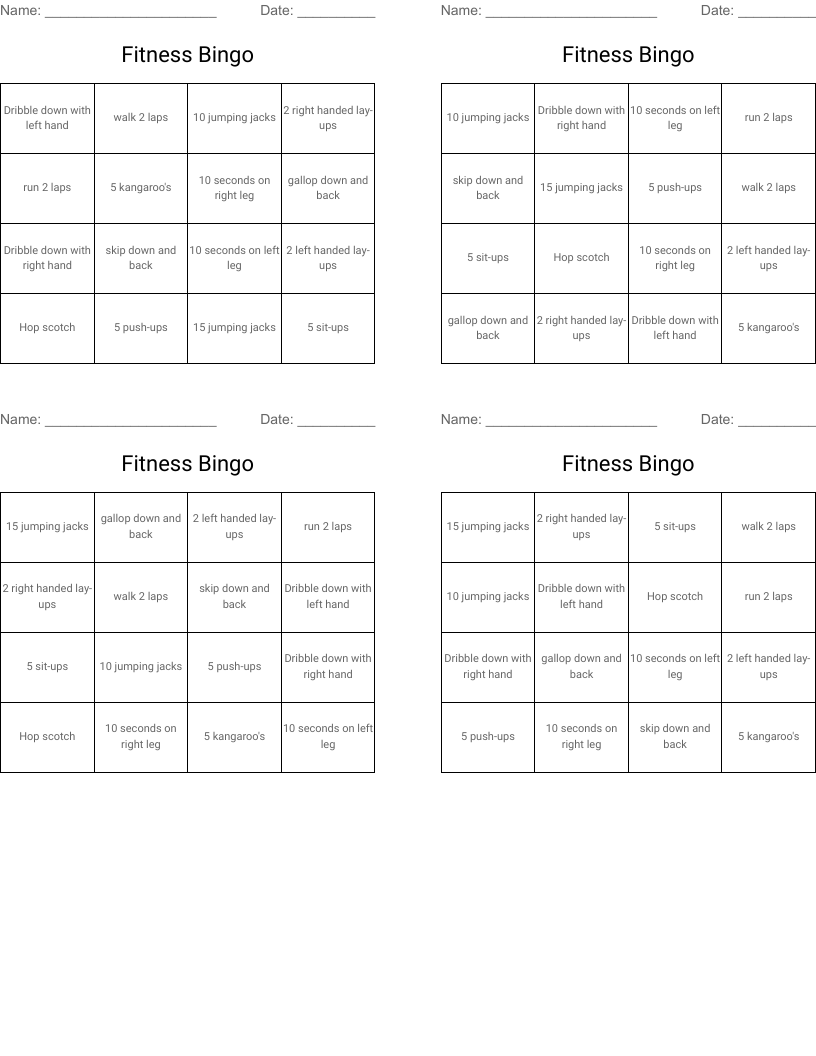 Fitness Bingo