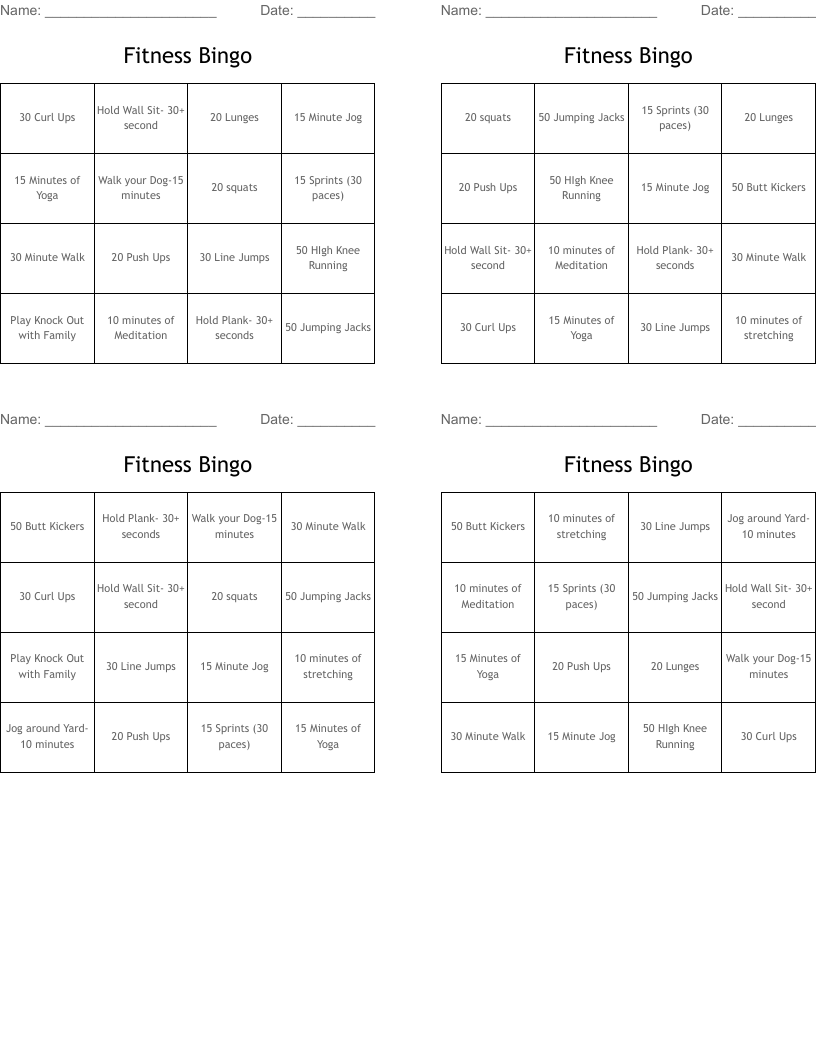 Fitness Bingo
