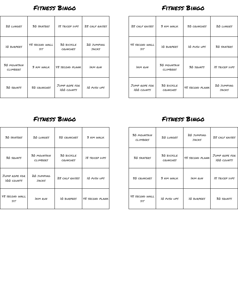Fitness Bingo
