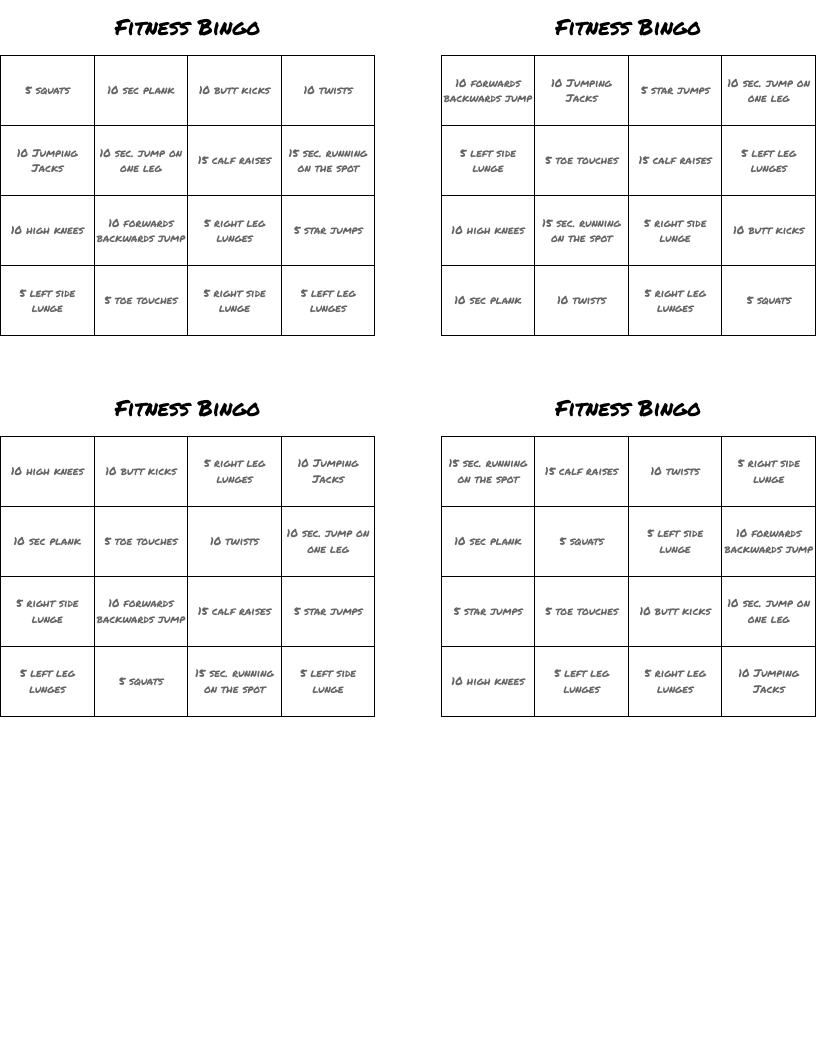Fitness Bingo