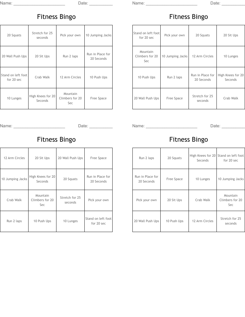 Fitness Bingo