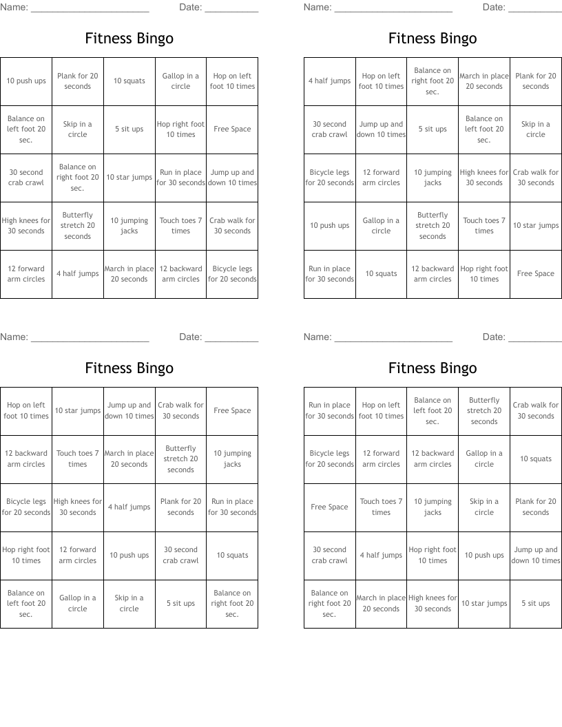 Fitness Bingo