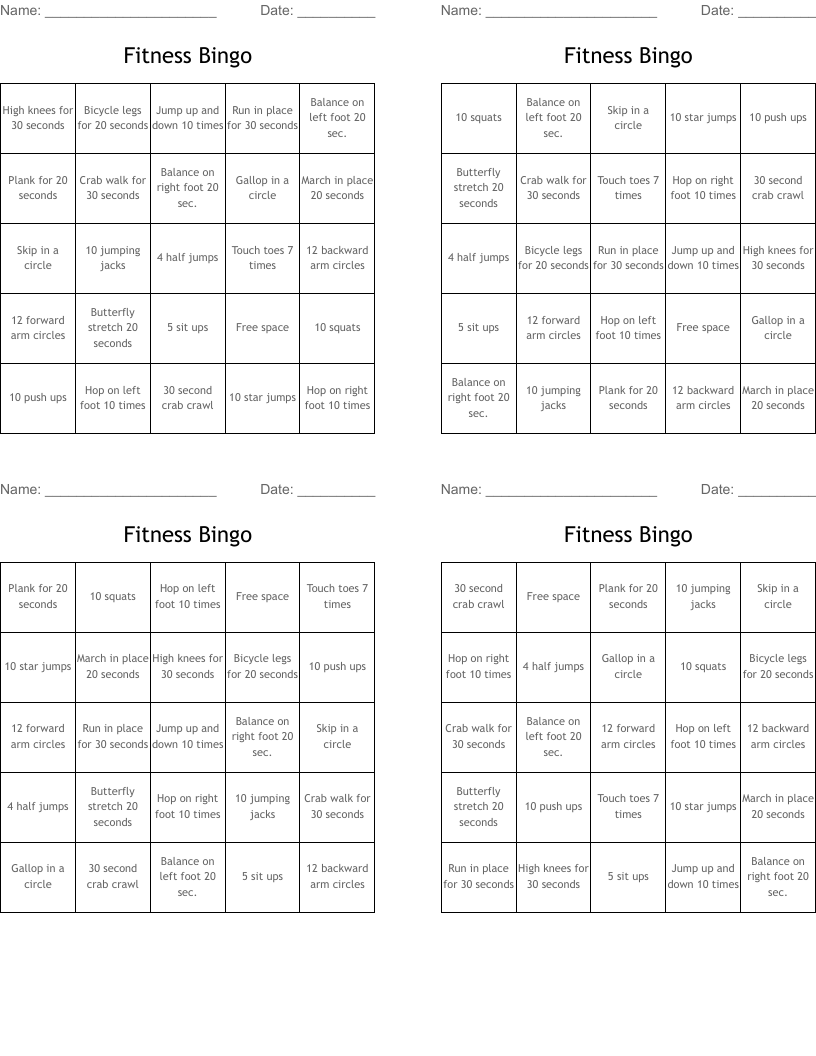 Fitness Bingo