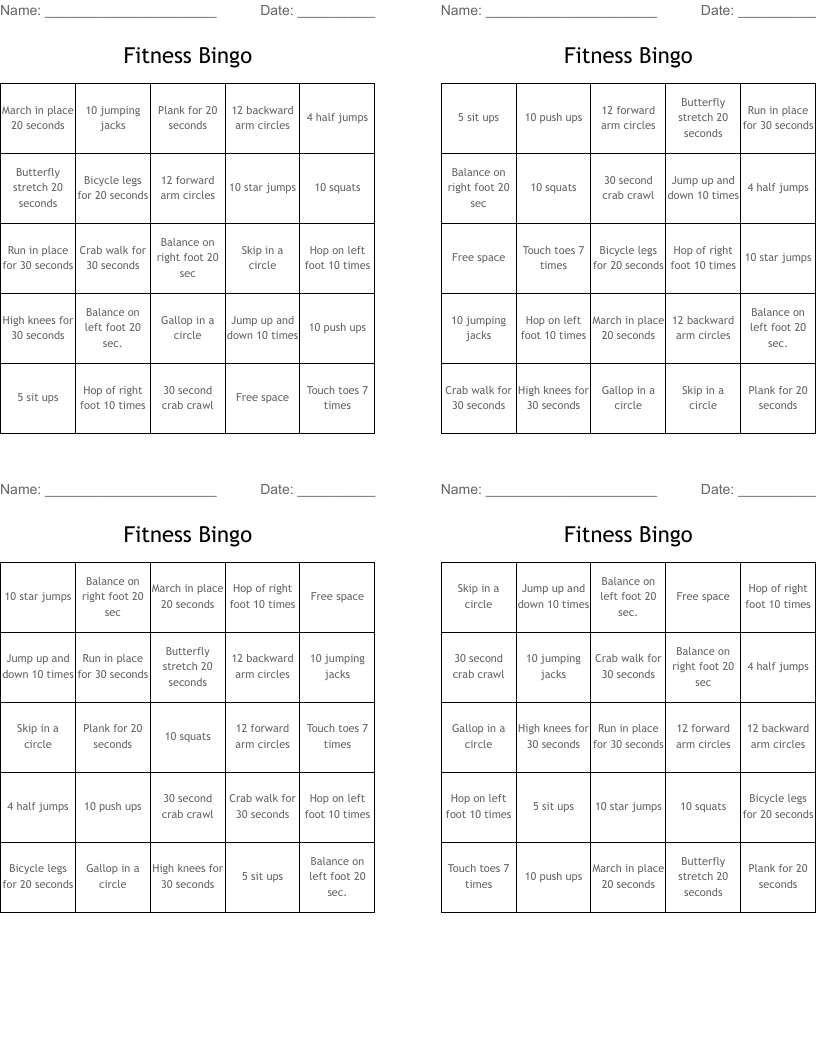 Fitness Bingo