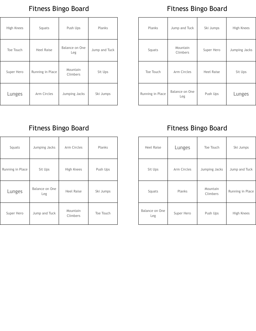 Fitness Bingo Board