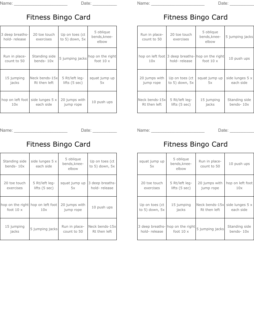 Fitness Bingo Card
