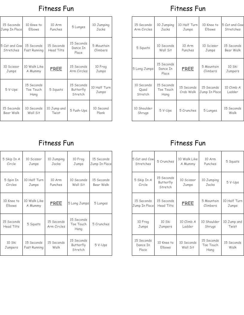 Fitness Fun Bingo Cards