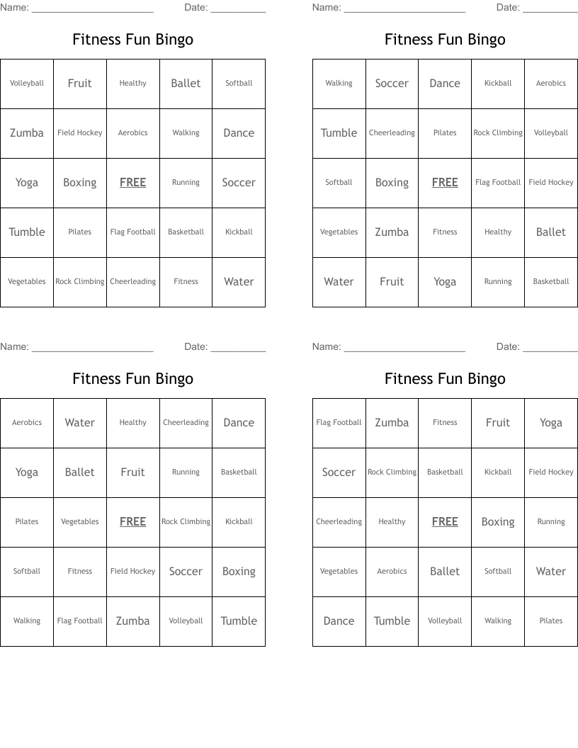 Fitness Fun Bingo 