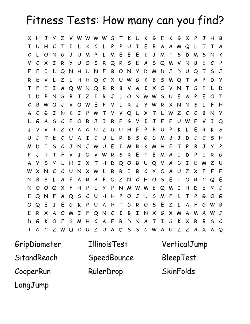 Fitness Tests: How many can you find? Word Search