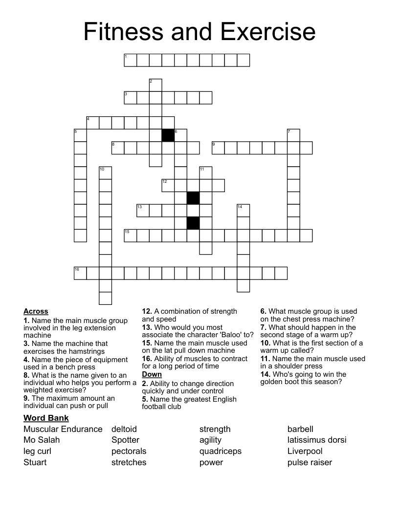Fitness and Exercise Crossword