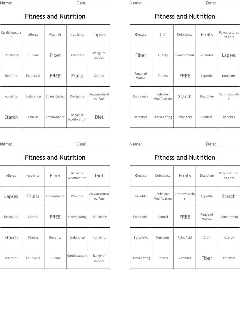 Fitness and Nutrition Bingo Cards