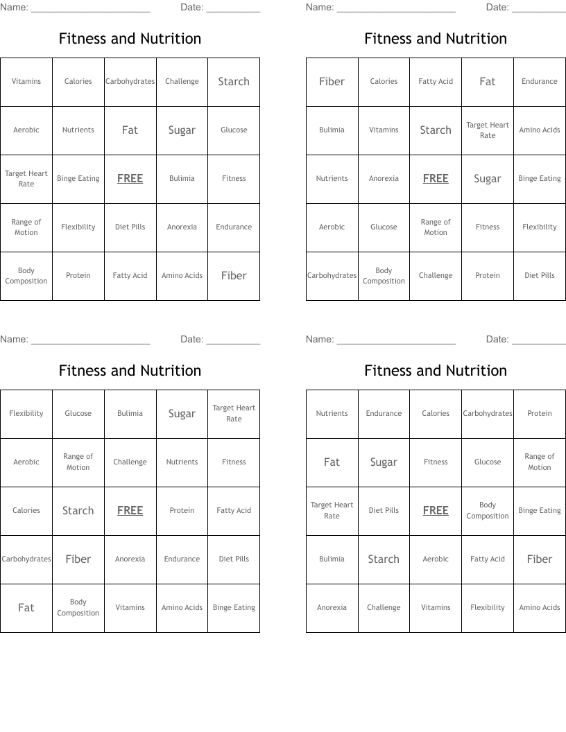 Fitness and Nutrition  Bingo Cards