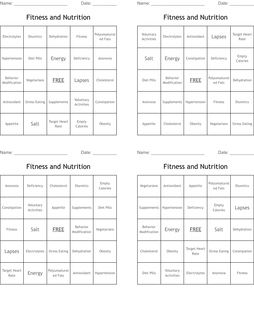Fitness and Nutrition  Bingo Cards