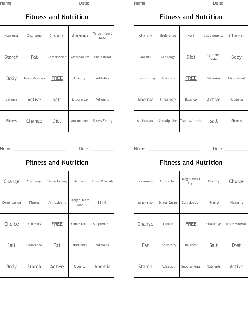 Fitness and Nutrition  Bingo Cards