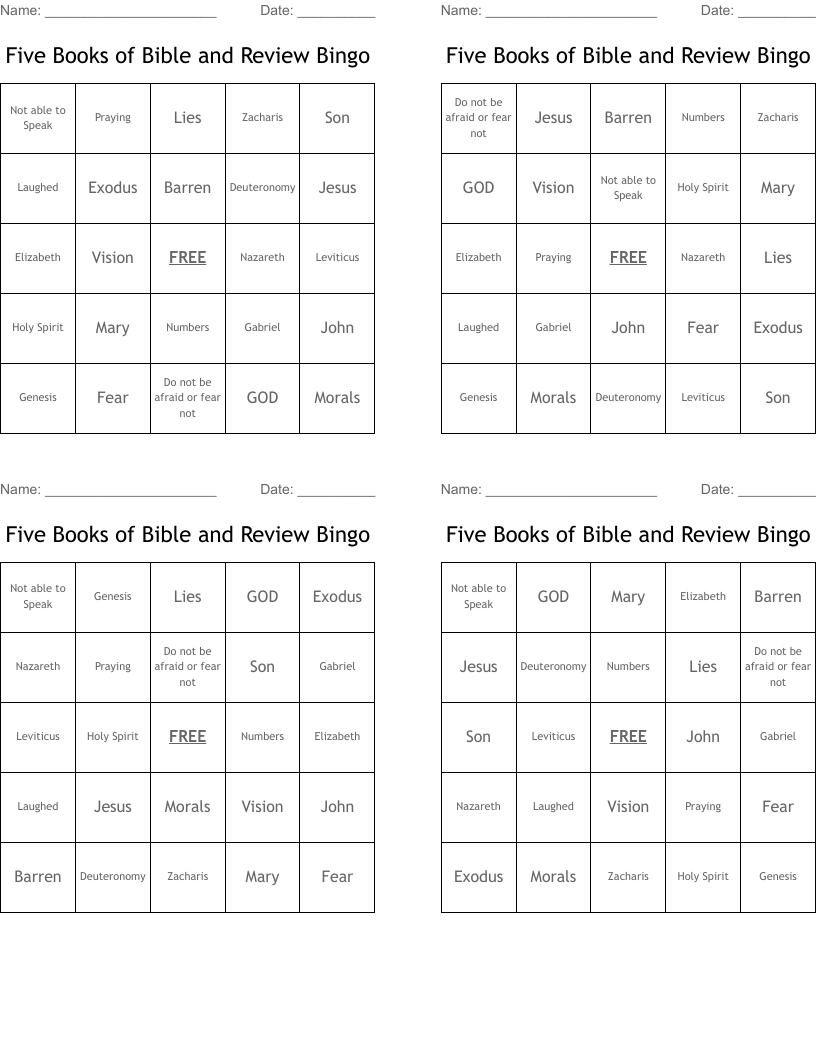 Five Books of Bible and Review Bingo