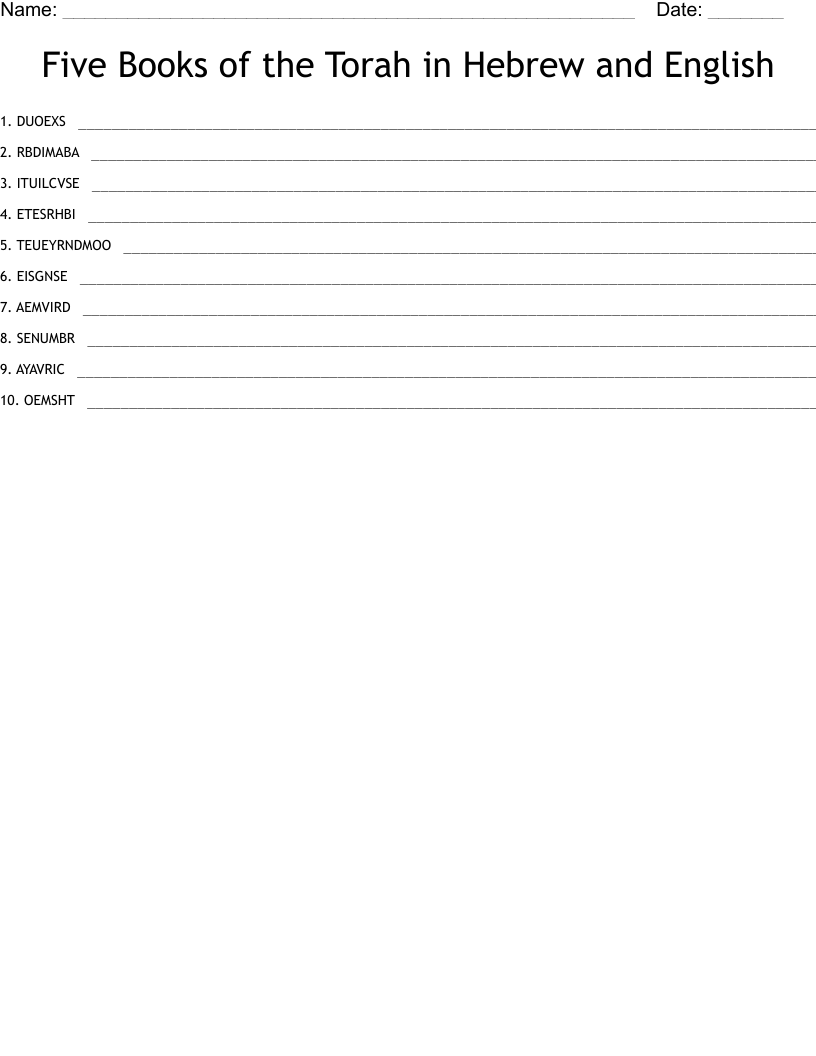 Five Books of the Torah in Hebrew and English Word Scramble
