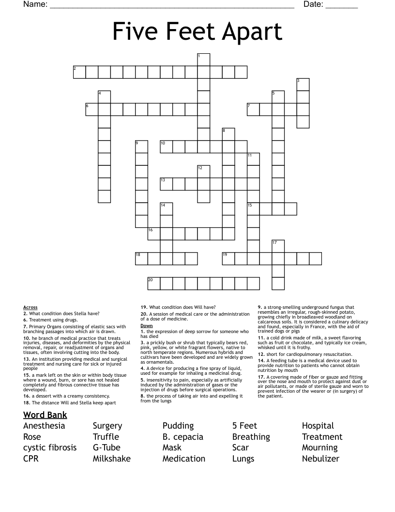 Five Feet Apart Crossword