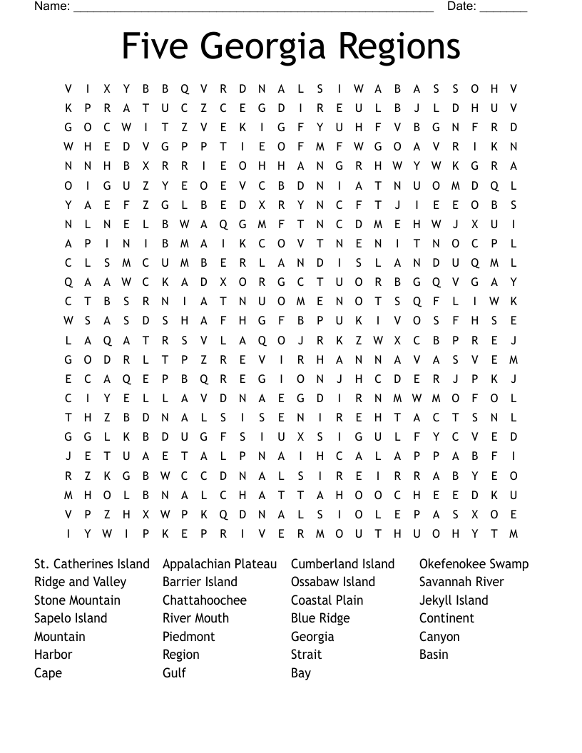 Five Georgia Regions Word Search