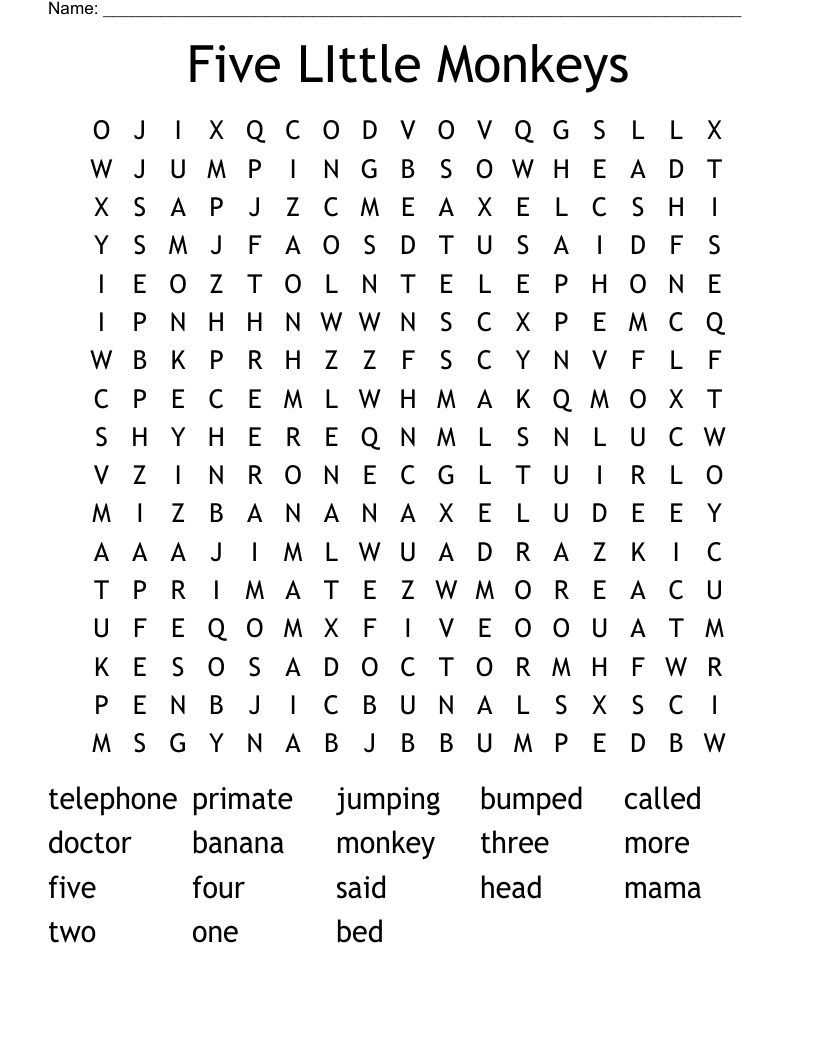 Five LIttle Monkeys Word Search